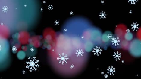Animation-of-christmas-fairy-lights-and-snow-falling-on-blue-background