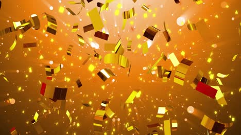 Animation-of-confetti-and-snow-falling-on-orange-background