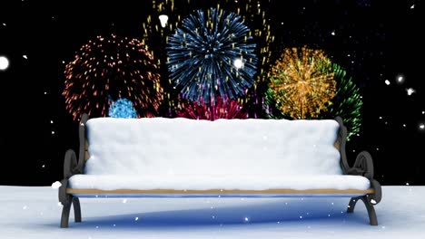Animation-Von-Feuerwerkskörpern,-Die-über-Einer-Bank-Und-Einer-Winterlandschaft-Explodieren