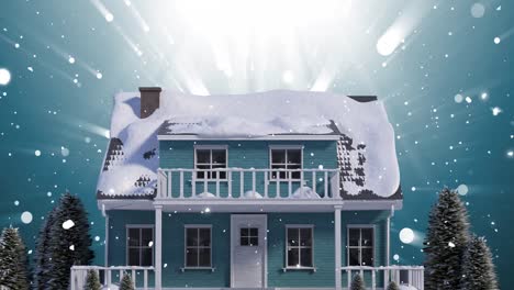 Animation-Des-Weihnachtshauses-Und-Des-Schnees,-Der-In-Die-Winterlandschaft-Fällt