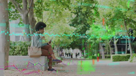 Animation-of-business-data-over-african-american-woman-using-smartphone