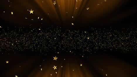 Animation-of-gold-stars-over-glowing-spots-falling-on-black-background