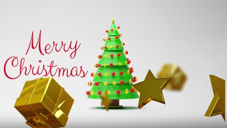 Animation-of-christmas-greetings-text-over-christmas-tree-and-present-decorations