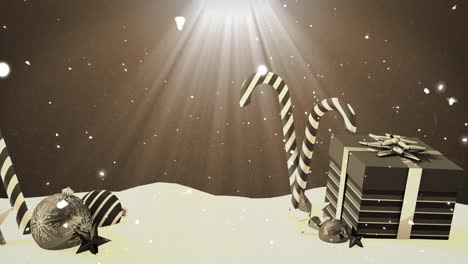 Animation-of-christmas-decorations-and-snow-falling-in-winter-scenery