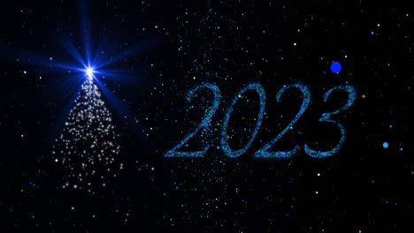 Animation-of-2023-text-over-christmas-tree-and-confetti-falling