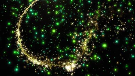 Animation-of-shooting-star-and-glowing-spots-of-green-light-on-black-background