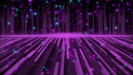 Animation-of-glowing-spots-of-light-and-purple-glowing-light-trails-on-black-background