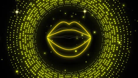 Animation-of-neon-lips-over-flashing-yellow-light-pattern