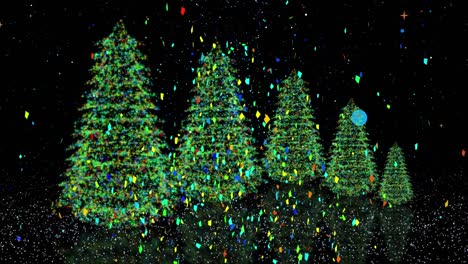 Animation-of-christmas-trees-and-confetti-falling-on-blue-background