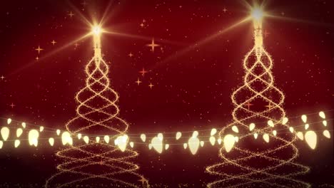 Animation-of-christmas-trees,-fairy-lights-and-snow-falling-on-red-background