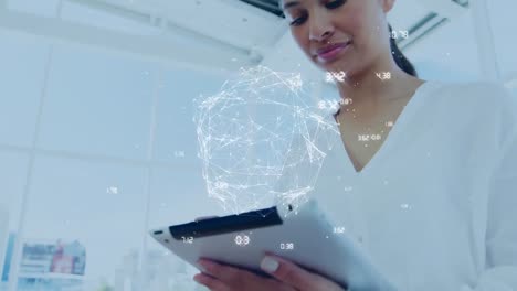 Animation-of-globe-of-network-of-connections-over-biracial-businesswoman-using-digital-tablet