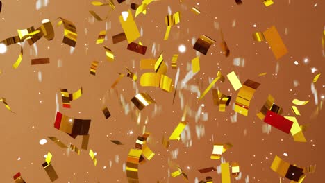 Animation-of-gold-confetti-falling-over-brown-background