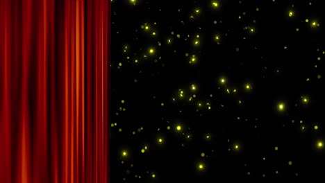 Animation-Eines-Roten-Theatervorhangs-über-Leuchtenden-Flecken,-Die-Auf-Schwarzen-Hintergrund-Fallen