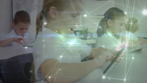 Animation-of-glowing-network-of-connections-over-caucasian-girl-using-digital-tablet-at-school