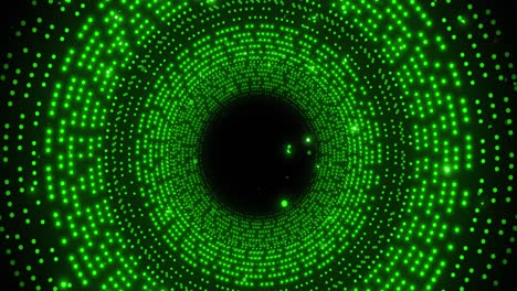 Animation-of-spinning-green-glowing-circles-on-black-background