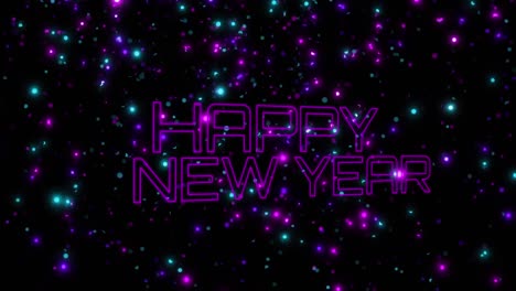 Animation-of-happy-new-year-text-over-flashing-blue-and-purple-lights