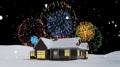 Animation-Von-Feuerwerkskörpern,-Die-über-Einem-Haus-Und-Einer-Winterlandschaft-Explodieren
