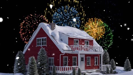 Animation-Von-Feuerwerkskörpern,-Die-über-Einem-Haus-Und-Einer-Winterlandschaft-Explodieren