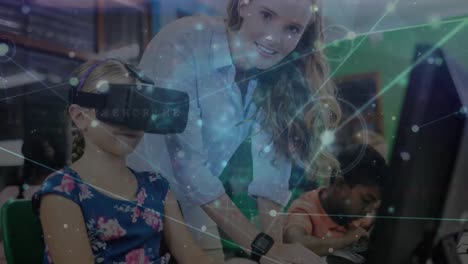 Animation-of-network-of-connections-over-female-teacher-and-girl-wearing-vr-headset-at-school
