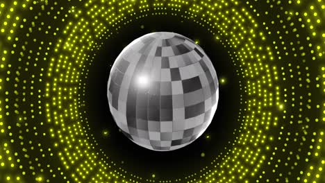 Animation-of-retro-disco-mirror-ball-and-glowing-green-light-on-black-background