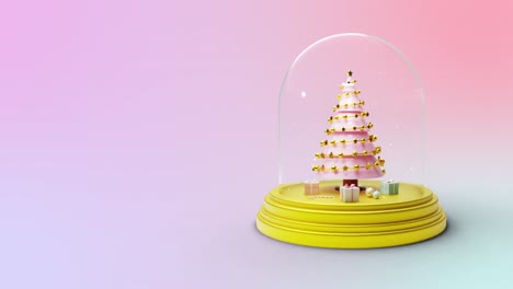 Animation-of-snow-globe-with-spinning-christmas-tree-and-presents-on-gradient-pink-background