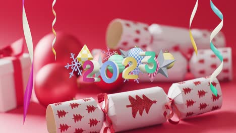 Animation-Von-2023-Text-Und-Weihnachtsdekorationen-Im-Hintergrund
