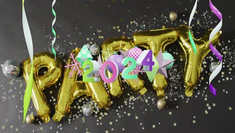Animation-of-2024-text-over-party-balloon-text-and-christmas-decorations-in-background