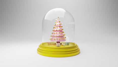 Animation-of-snow-globe-with-spinning-christmas-tree-and-presents-on-grey-background