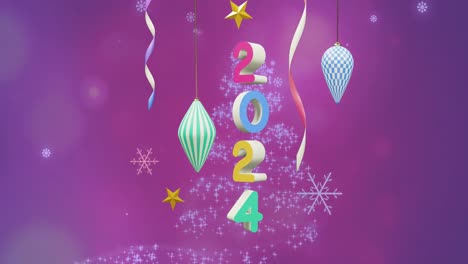 Animation-of-2024-text-and-christmas-decorations-in-background