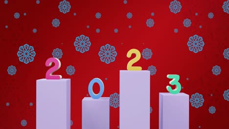 Animation-of-2023-text-and-christmas-snowflake-decorations-in-background