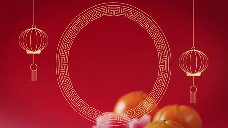 Animation-Von-Chinesischem-Muster-Und-Orangefarbener-Dekoration-Auf-Rotem-Hintergrund