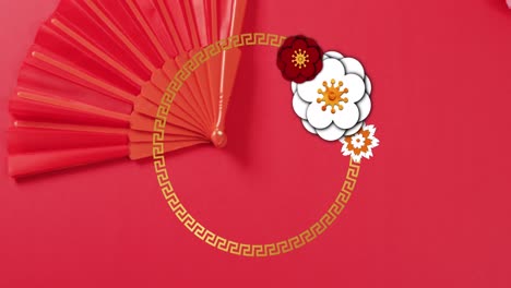 Animation-of-chinese-pattern-and-flowers-decoration-on-red-background