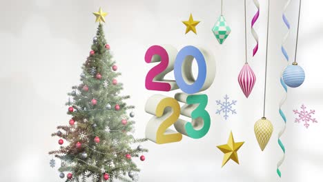 Animation-of-2023-text-and-christmas-tree-and-decorations-in-background