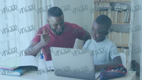 Animation-of-vintage-text-banners-over-african-american-father-helping-son-in-homework-at-home