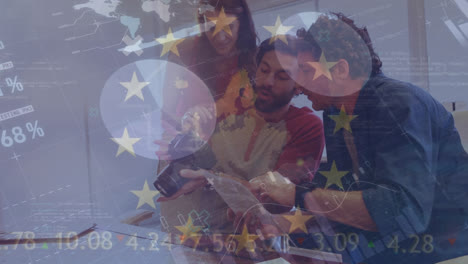 Animation-of-eu-flag,-statistics-and-financial-data-processing-over-business-people