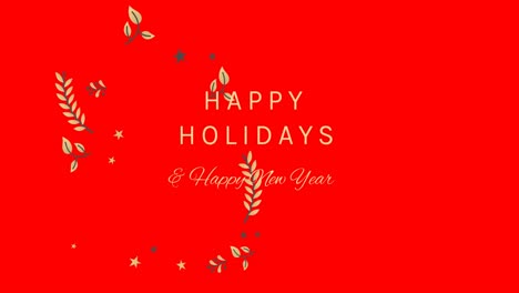 Animation-of-happy-holidays-and-happy-new-year-text-over-leaves-on-red-background
