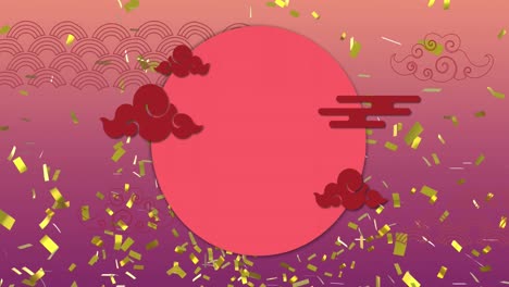 Animation-Von-Konfetti,-Chinesischem-Muster-Und-Dekoration-Auf-Violettem-Hintergrund