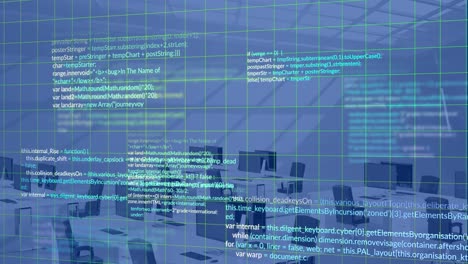 Animation-Der-Datenverarbeitung-über-Ein-Grid-Netzwerk-Vor-Einem-3D-Büromodell-Auf-Blauem-Hintergrund