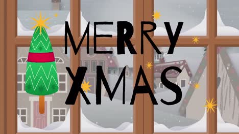 Animation-Von-Weihnachtsgrußtexten-über-Einer-Winterlandschaft-Mit-Fenster