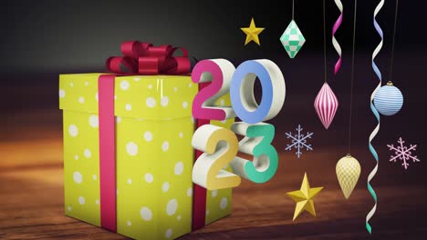 Animation-of-2023-text-and-christmas-presents-and-decorations-in-background