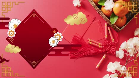 Animation-of-chinese-pattern-and-blossom-and-orange-decoration-on-red-background