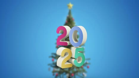 Animation-of-2025-text-and-christmas-tree-and-decorations-in-background