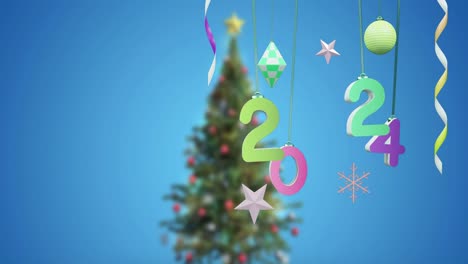 Animation-of-2024-text-and-christmas-tree-and-decorations-in-background