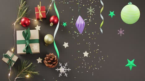 Animation-of-party-streamers-and-christmas-decorations