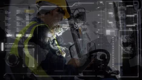 Animation-of-data-processing-over-male-worker-using-digital-tablet-in-a-forklift-at-warehouse