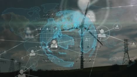 Animation-of-globe,-connections-and-data-processing-over-wind-turbine