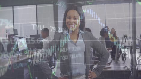 Animation-of-financial-data-processing-over-african-american-businesswoman-smiling-at-office