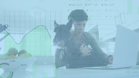 Animation-of-stock-market-data-processing-over-caucasian-woman-with-dog-using-laptop-at-home