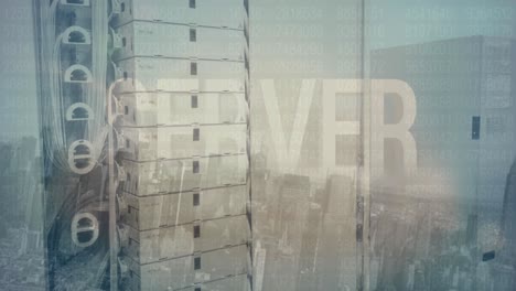 Animation-of-server-text-banner-over-close-up-of-a-computer-server-against-aerial-view-of-cityscape
