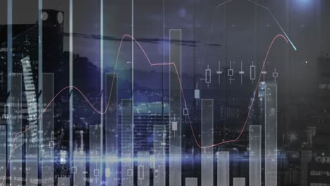 Animation-of-financial-graphs-moving-over-cityscape